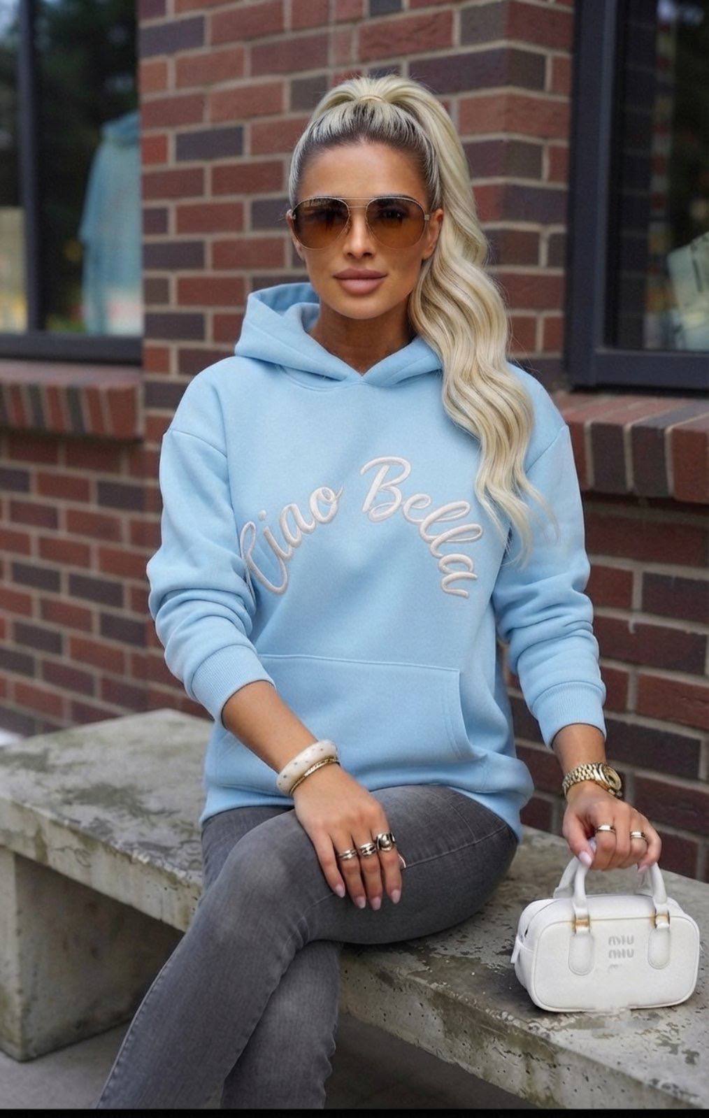 Bluza damska z kapturem „Ciao Bella” – Błękitny