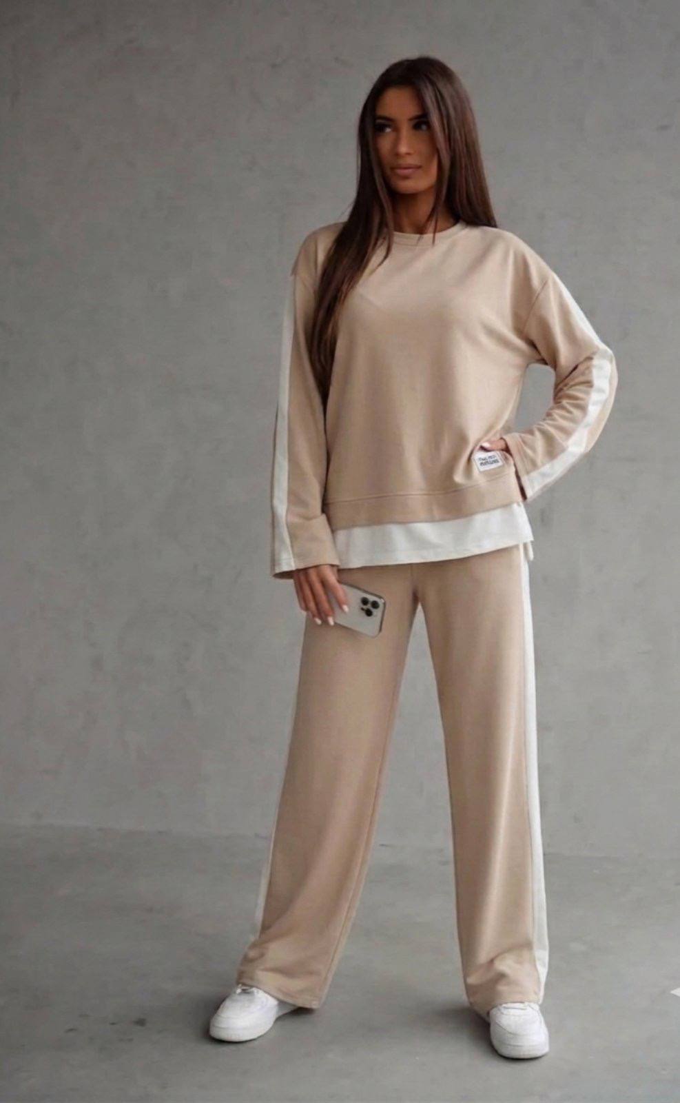 Komplet damski z lampasami – bluza i spodnie – Beżowy