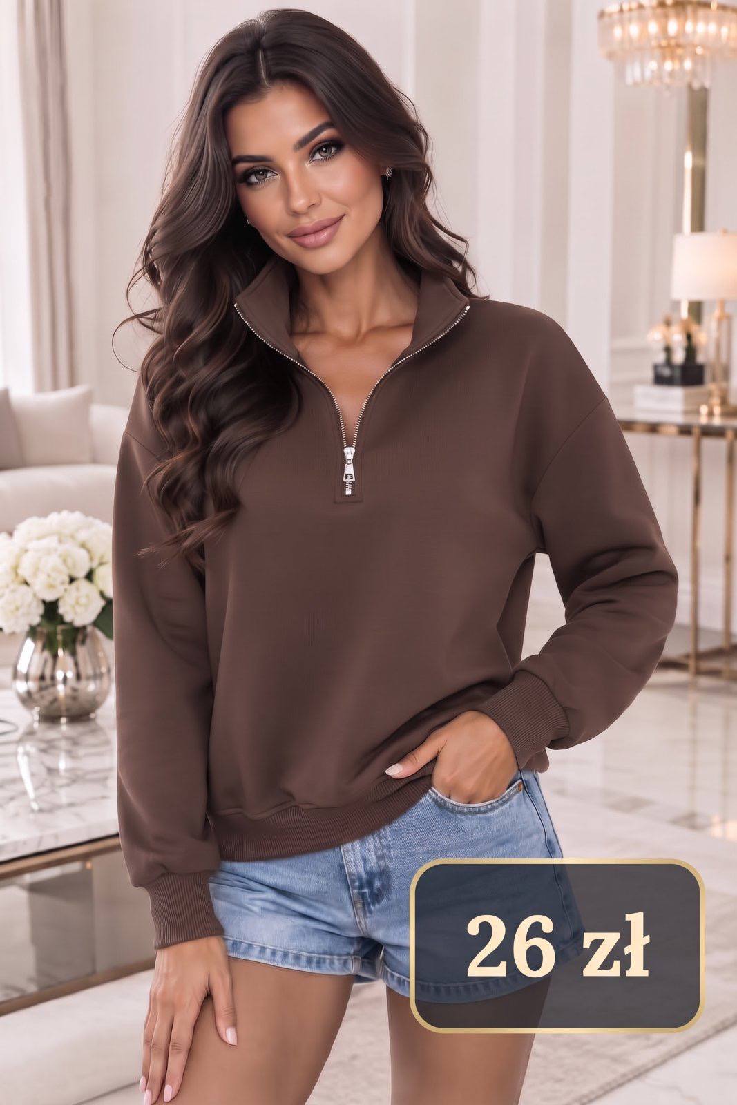 Bluza damska ze stójką i krótkim suwakiem – Brązowy