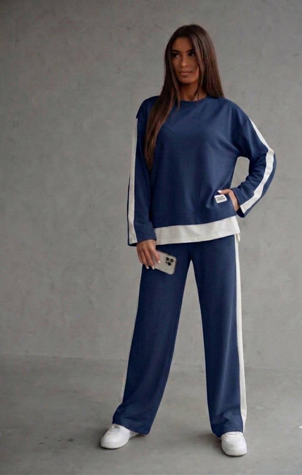 Komplet damski z lampasami – bluza i spodnie – Granatowy